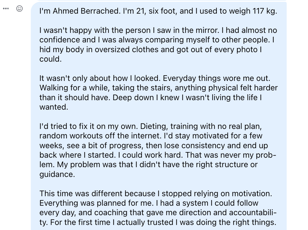 First part of Ahmed's original written testimonial describing his starting point, failed attempts, and the structure he received