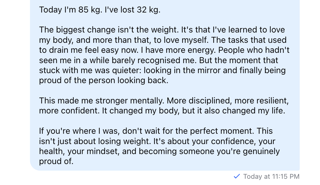 Second part of Ahmed's original written testimonial describing his 32 kilogram result, confidence, energy, and advice