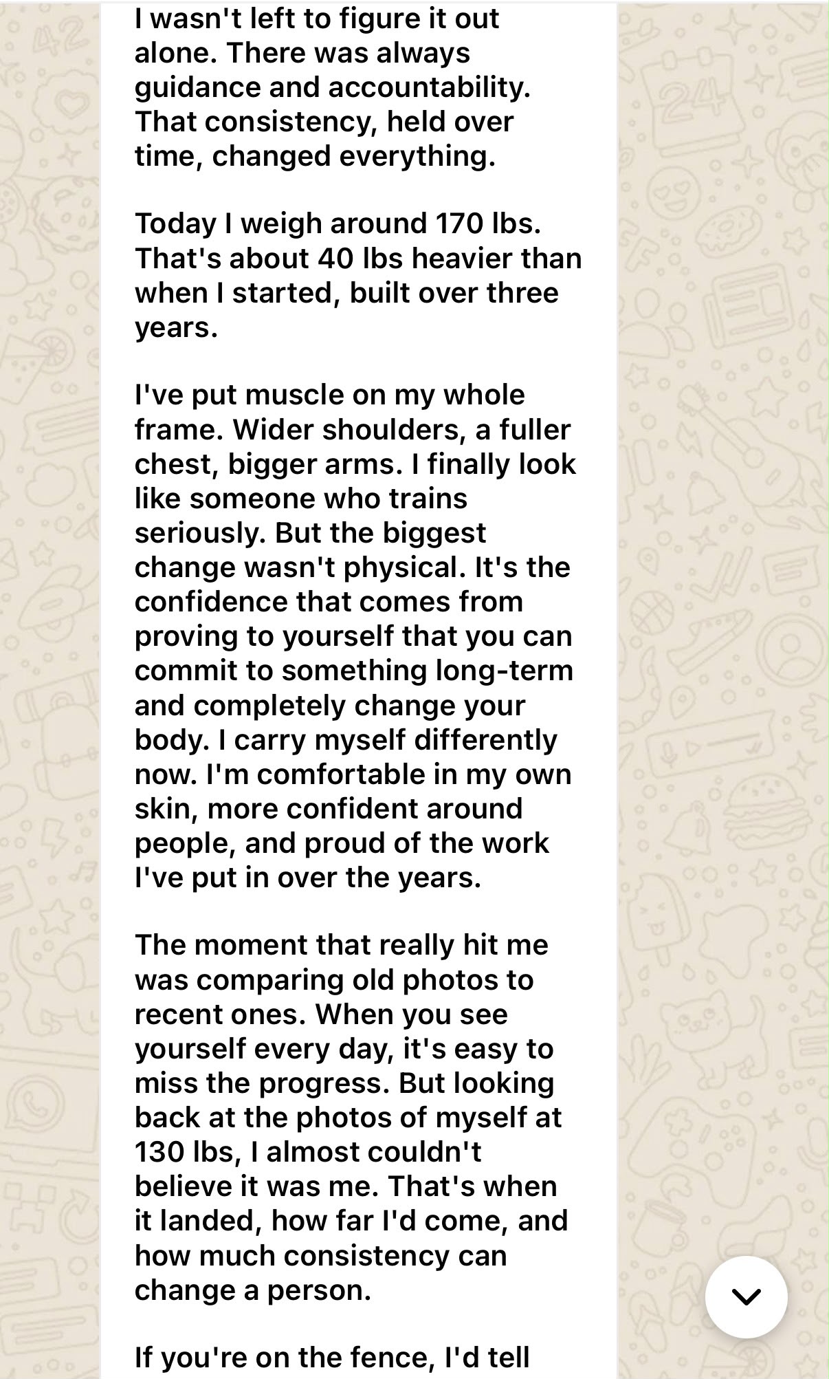 Second part of Jean-Christ's original testimonial describing his 170 pound result, confidence, and three years of consistency